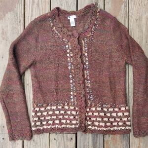 Carol Little Knit Cardigan XL Brown Crochet Button Front Embellished Cottage VTG